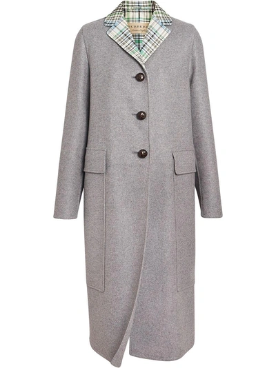 Shop Burberry Check Collar Cashmere Coat - Grey