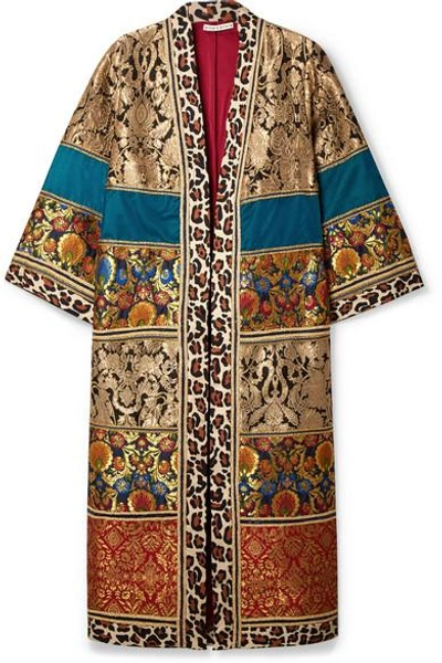 Shop Alice And Olivia Lynn Leopard-print Cotton-trimmed Jacquard Kimono In Gold