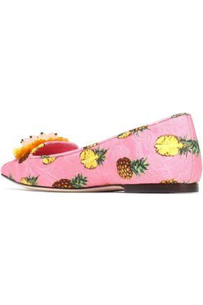 Shop Dolce & Gabbana Bellucci Embellished Printed Jacquard Point-toe Flats In Baby Pink