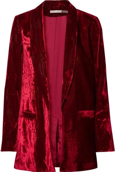 Shop Alice And Olivia Kylie Crushed-velvet Blazer In Burgundy