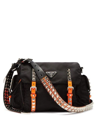 New Vela Studded Nylon Shoulder Bag In Black Orange