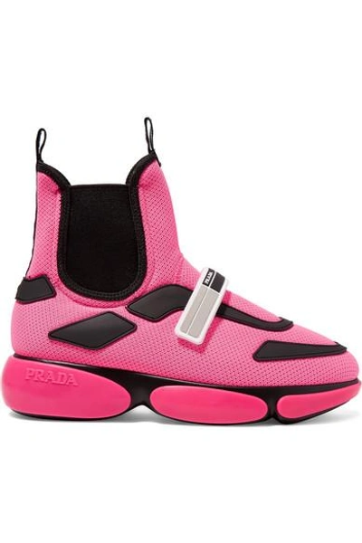 Shop Prada Cloudbust Logo-embossed Rubber-trimmed Mesh High-top Sneakers In Pink