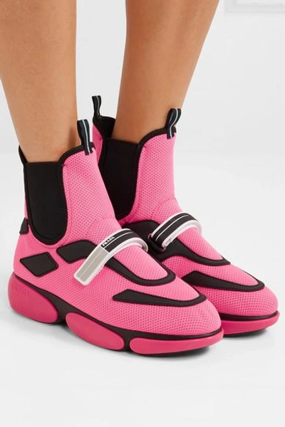 Shop Prada Cloudbust Logo-embossed Rubber-trimmed Mesh High-top Sneakers In Pink