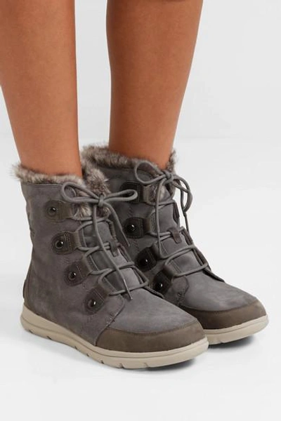 Shop Sorel Explorer Joan Faux Fur-trimmed Waterproof Suede And Leather Ankle Boots In Gray