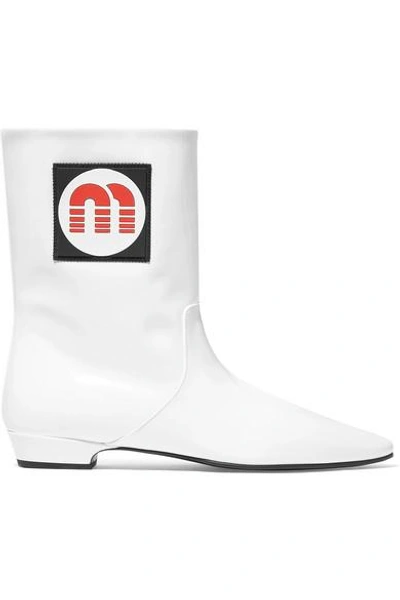 Shop Miu Miu Logo-appliquéd Patent-leather Ankle Boots In White