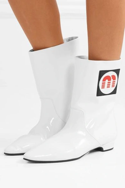 Shop Miu Miu Logo-appliquéd Patent-leather Ankle Boots In White