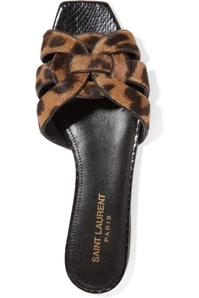 Shop Saint Laurent Nu Pieds Woven Leopard-print Calf Hair Slides