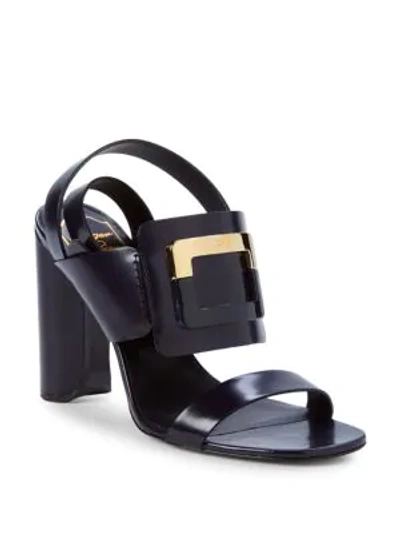 Shop Roger Vivier Buckle Leather Block Heel Sandals In Inchiostro