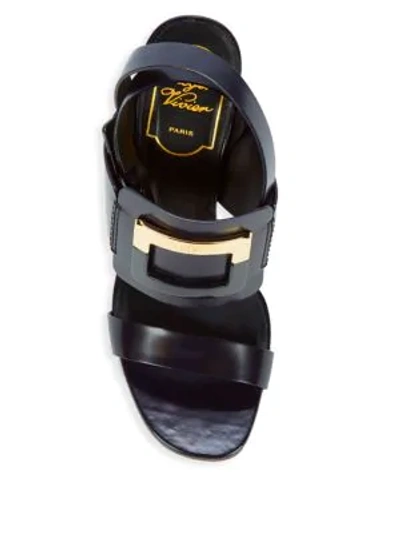 Shop Roger Vivier Buckle Leather Block Heel Sandals In Inchiostro