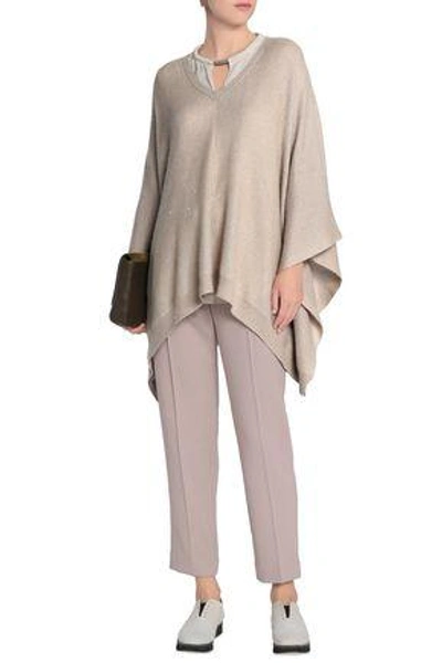 Shop Brunello Cucinelli Woman Sequin-embellished Ribbed-knit Poncho Neutral