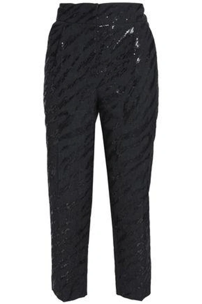 Shop Brunello Cucinelli Woman Cropped Sequin-embellished Wool And Linen-blend Tapered Pants Charcoal