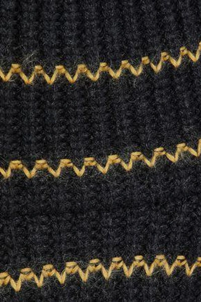Shop Brunello Cucinelli Woman Bead-embellished Striped Cashmere Turtleneck Sweater Black