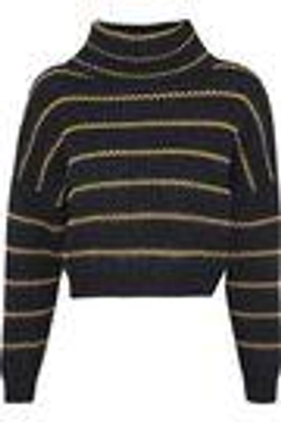 Shop Brunello Cucinelli Woman Bead-embellished Striped Cashmere Turtleneck Sweater Black