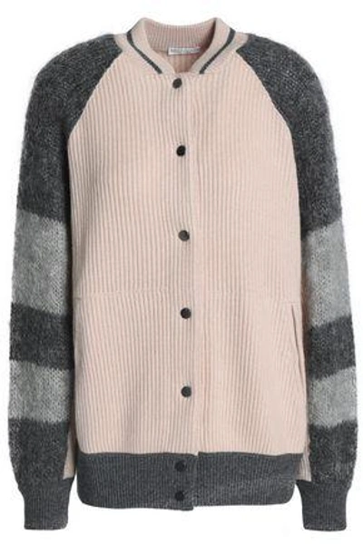 Shop Brunello Cucinelli Woman Color-block Mohair-blend And Ribbed Cashmere Cardigan Baby Pink