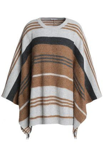 Shop Brunello Cucinelli Woman Striped Ribbed Wool, Cashmere And Silk-blend Poncho Light Brown