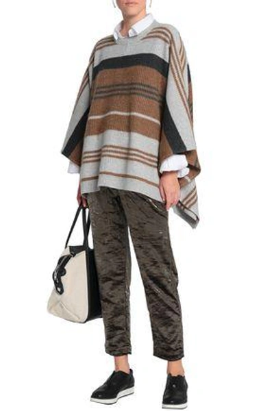 Shop Brunello Cucinelli Woman Striped Ribbed Wool, Cashmere And Silk-blend Poncho Light Brown