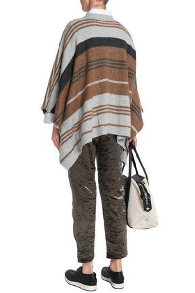 Shop Brunello Cucinelli Woman Striped Ribbed Wool, Cashmere And Silk-blend Poncho Light Brown