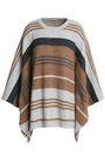 Shop Brunello Cucinelli Woman Striped Ribbed Wool, Cashmere And Silk-blend Poncho Light Brown