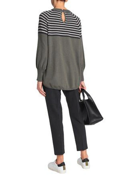Shop Brunello Cucinelli Woman Bead-embellished Striped Cashmere Sweater Army Green
