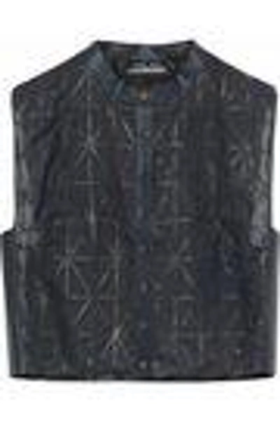 Shop Giorgio Armani Woman Cropped Leather-trimmed Silk-organza Vest Midnight Blue