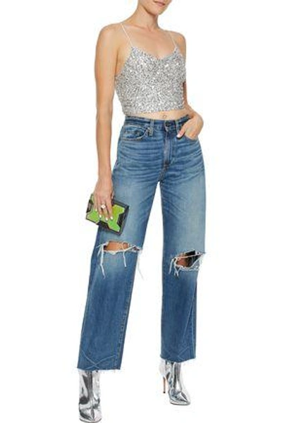 Shop Alice And Olivia Archer Cropped Sequined Tulle Top In Silver