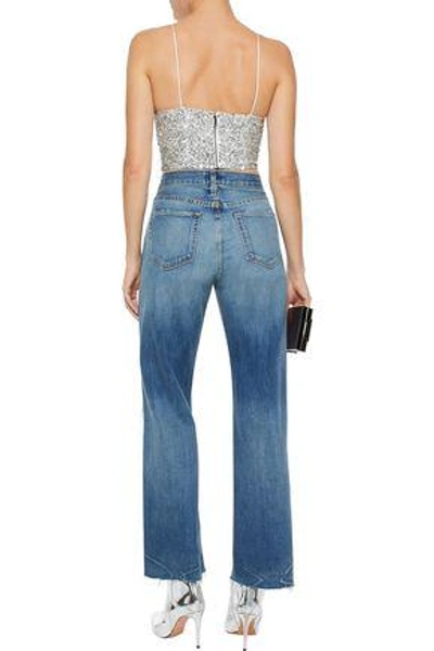 Shop Alice And Olivia Archer Cropped Sequined Tulle Top In Silver