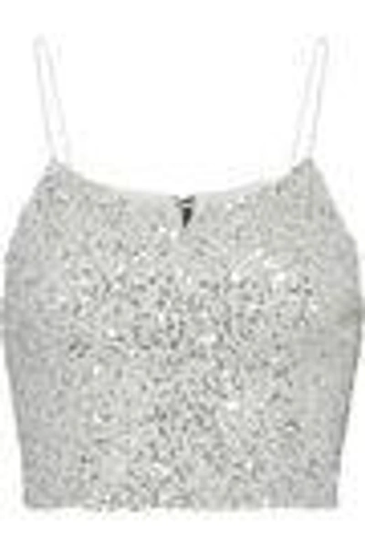 Shop Alice And Olivia Archer Cropped Sequined Tulle Top In Silver