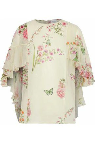 Shop Giambattista Valli Woman Cape-effect Ruffled Floral-print Silk-georgette Blouse Ivory