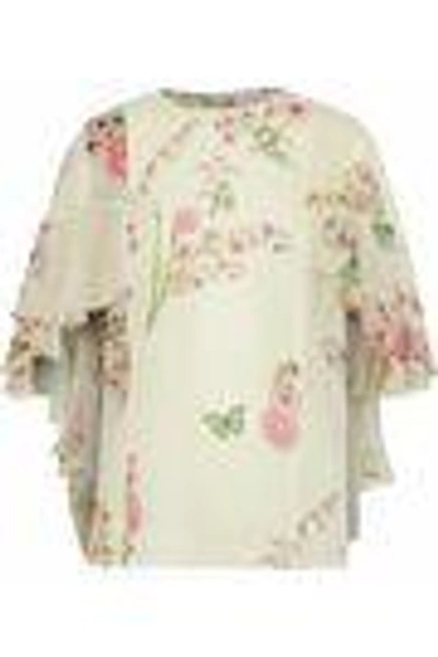 Shop Giambattista Valli Woman Cape-effect Ruffled Floral-print Silk-georgette Blouse Ivory