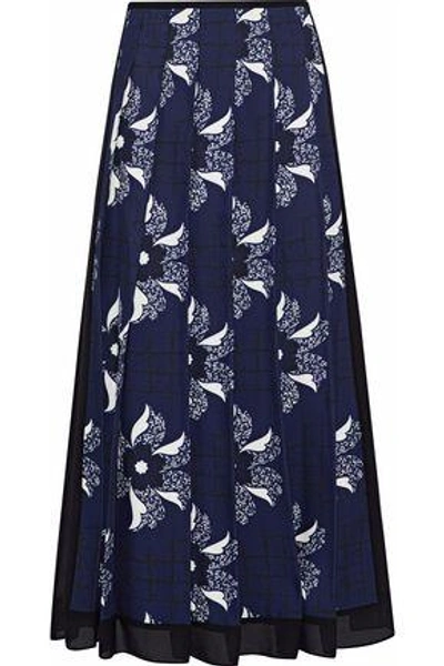 Shop Victoria Beckham Pleated Chiffon-trimmed Printed Twill Midi Skirt In Navy