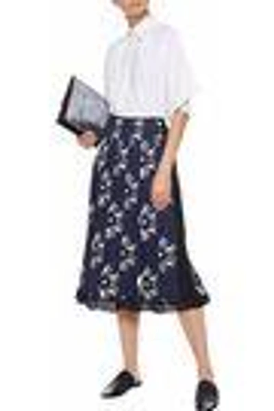 Shop Victoria Beckham Pleated Chiffon-trimmed Printed Twill Midi Skirt In Navy