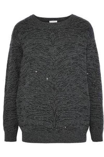 Shop Brunello Cucinelli Woman Sequin-embellished Ribbed Cashmere Sweater Charcoal