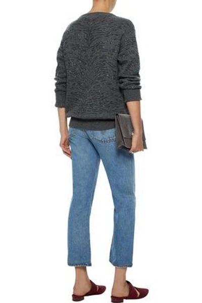 Shop Brunello Cucinelli Woman Sequin-embellished Ribbed Cashmere Sweater Charcoal