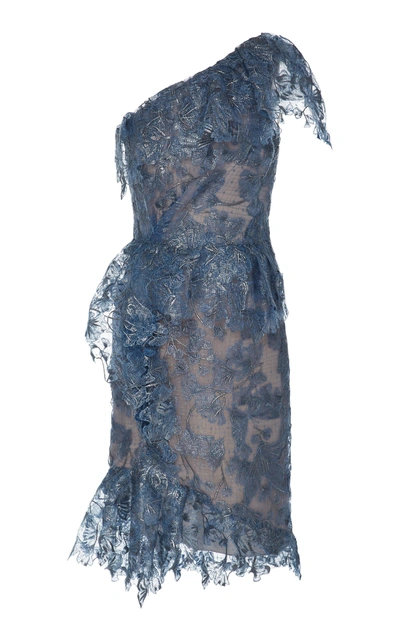 Shop Marchesa One0-shoulder Lace Cocktail Dress In Blue
