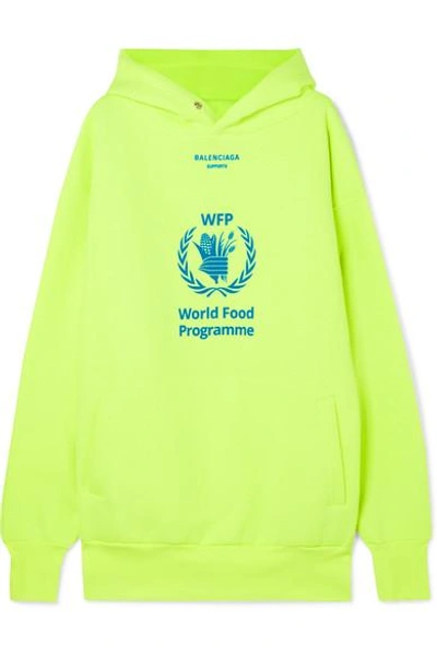 Shop Balenciaga World Food Programme Printed Neon Cotton-blend Jersey Hoodie In Yellow