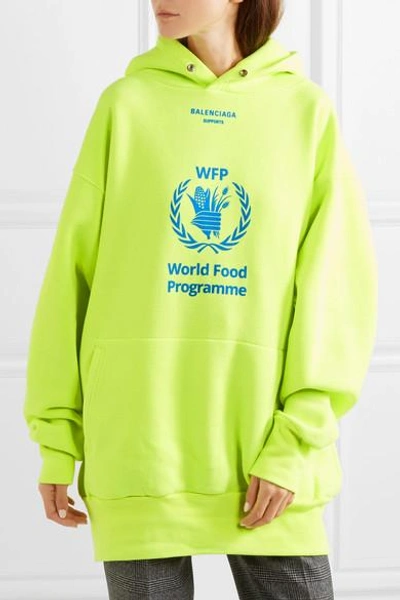 Shop Balenciaga World Food Programme Printed Neon Cotton-blend Jersey Hoodie In Yellow