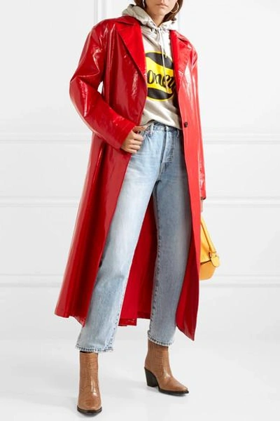 Shop Msgm Faux Glossed-leather Trench Coat In Crimson