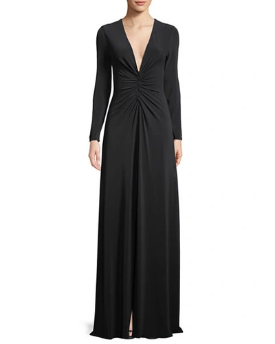 Shop Halston Heritage Long-sleeve Ruched-front V-neck Gown In Black