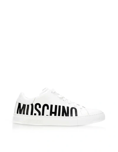 Shop Moschino Serena White Calf Leather Low Top Sneakers W/black Logo
