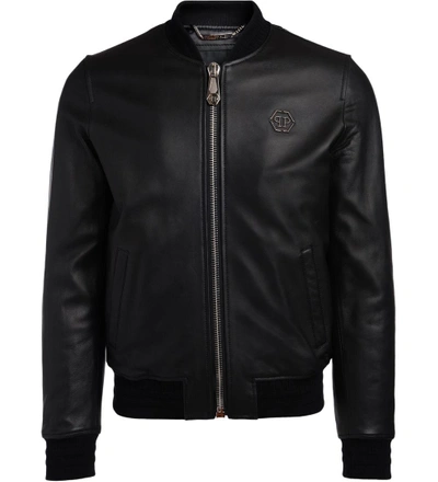 Shop Philipp Plein Homme Black Leather Bomber Jacket In Nero