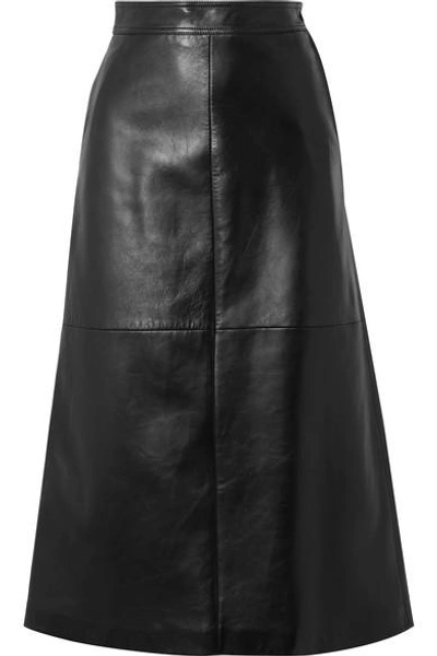 Shop Saint Laurent Leather Midi Skirt In Black
