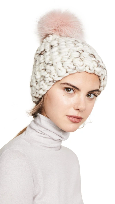 Shop Mischa Lampert Beanie Pomster Hat In White Marble/pink