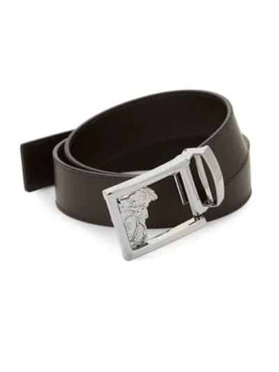 Shop Versace Medusa Logo Buckle Leather Belt In Dark Brown