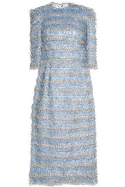 Shop Dolce & Gabbana Striped Metallic Tinsel Midi Dress In Sky Blue