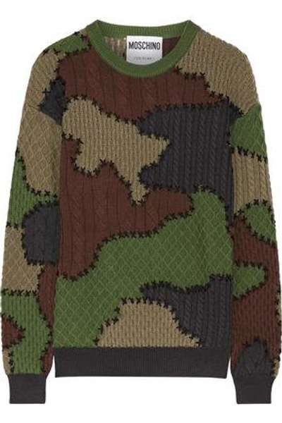 Shop Moschino Printed Jacquard-knit Wool Sweater In Army Green