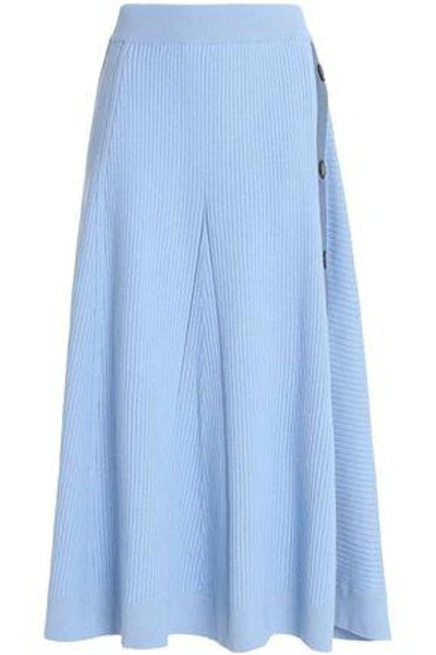 Shop Roksanda Woman Button-embellished Ribbed Wool-blend Midi Skirt Light Blue
