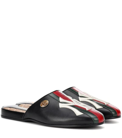 Shop Gucci Ny Yankees Leather Slippers In Black