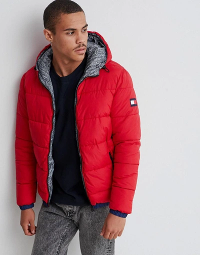 Tommy Hilfiger Reversible Hooded Down Puffer Jacket In Red/all Over Print -  Red | ModeSens