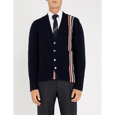 Shop Thom Browne Stripe-intarsia Wool And Mohair-blend Cardigan In Navy