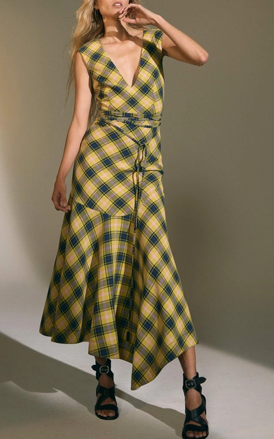 Shop Derek Lam V-neck Cotton-and-wool-blend Dress In Yellow